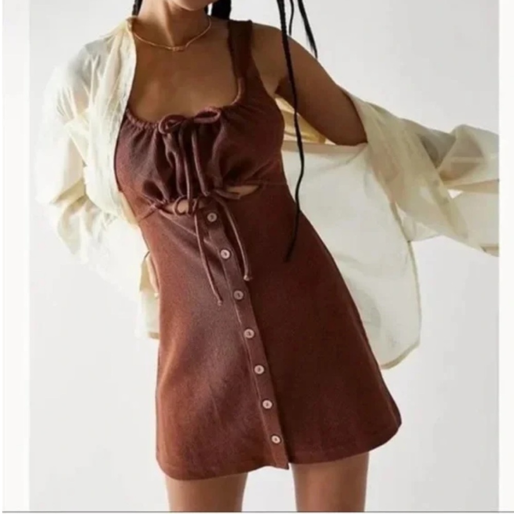 Free People Beach Olivia Mini Ribbed Cutout Brown Button-Front Dress
